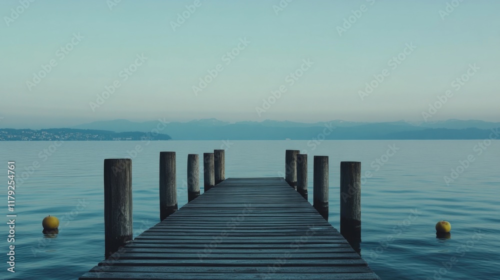 Fototapeta premium Serene Lake Constance Pier at Dusk with Calm Waters and Light Blue Sky Ideal for Text Overlay and Apple Still Life Concept