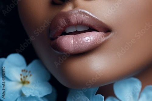 Beautiful full lips with pink lipstick and lip gloss are surrounded by blue flowers