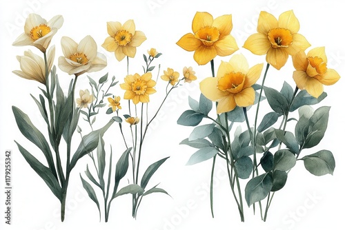 Wallpaper Mural A watercolor illustration of various yellow flowers and green leaves. Torontodigital.ca