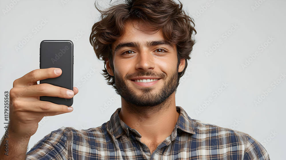 Smiling Man Holds Smartphone, Taking a Selfie Photo Against a White Studio Backdrop. Smiling Man Holds Smartphone, Taking a Selfie Photo Against a White Studio Backdrop.