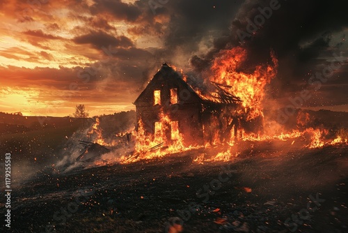 House on fire and burning down putting out the flames landscape