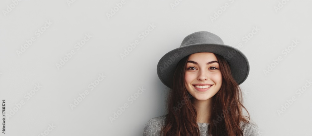 Smiling young woman with long hair wearing a gray hat, posing shyly against a light gray studio background, ideal for text overlay and advertising. Smiling young woman with long hair wearing a gray hat, posing shyly against a light gray studio background, ideal for text overlay and advertising.