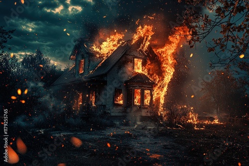 House on fire and burning down putting out the flames landscape photo