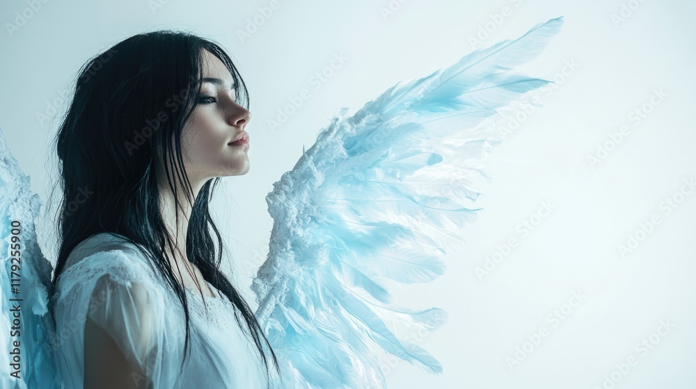 Ethereal woman with angel wings in serene studio setting featuring white background and expansive negative space for text; Halloween horror theme; soft lighting. Ethereal woman with angel wings in serene studio setting featuring white background and expansive negative space for text; Halloween horror theme; soft lighting.