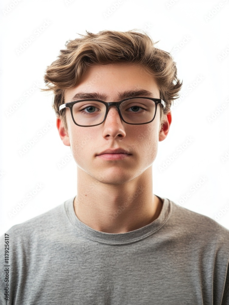 Expressive young Caucasian male teenager with glasses posing in modern studio setting against a seamless white background for marketing or editorial use Expressive young Caucasian male teenager with glasses posing in modern studio setting against a seamless white background for marketing or editorial use