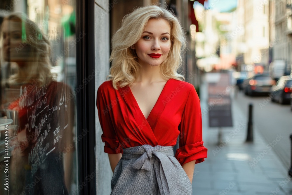 Stylish young blonde woman with wavy hair in red top and grey skirt posing confidently on a busy city street near a cafe with copyspace for text Stylish young blonde woman with wavy hair in red top and grey skirt posing confidently on a busy city street near a cafe with copyspace for text