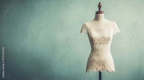 Vintage dress form mannequin stands against a soft pastel background, highlighting intricate lace details and elegant craftsmanship