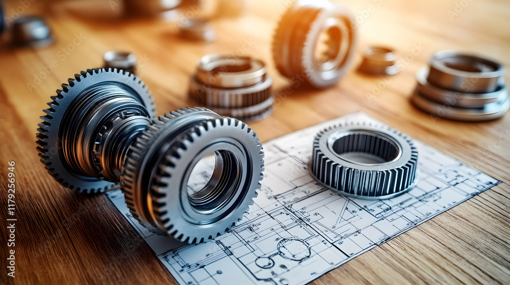 Gears and Cogwheels Rest on Engineering Blueprints on a Wooden Table, Displaying a Mechanical Concept. Gears and Cogwheels Rest on Engineering Blueprints on a Wooden Table, Displaying a Mechanical Concept.