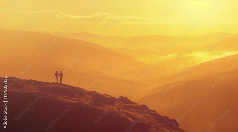 Two Hikers Enjoying a Scenic Sunrise Over Rolling Hills Two Hikers Enjoying a Scenic Sunrise Over Rolling Hills