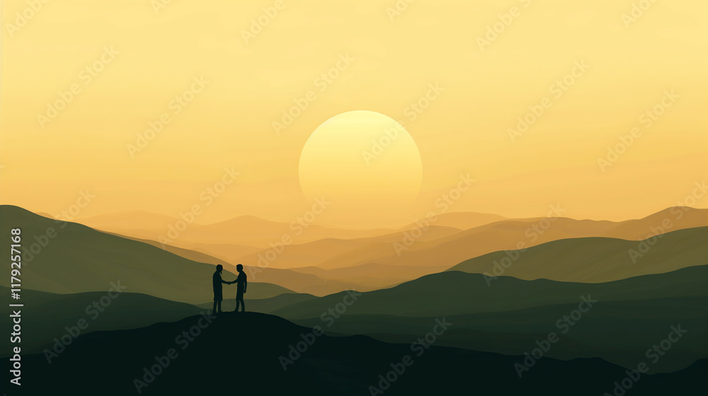Silhouetted couple embracing sunset on mountain landscape Silhouetted couple embracing sunset on mountain landscape