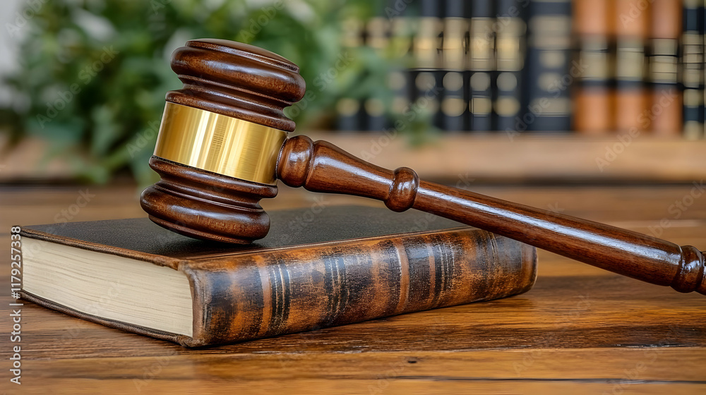 Wooden Gavel Rests on Antique Book in Legal Setting, Symbolizing Justice and Order. Wooden Gavel Rests on Antique Book in Legal Setting, Symbolizing Justice and Order.