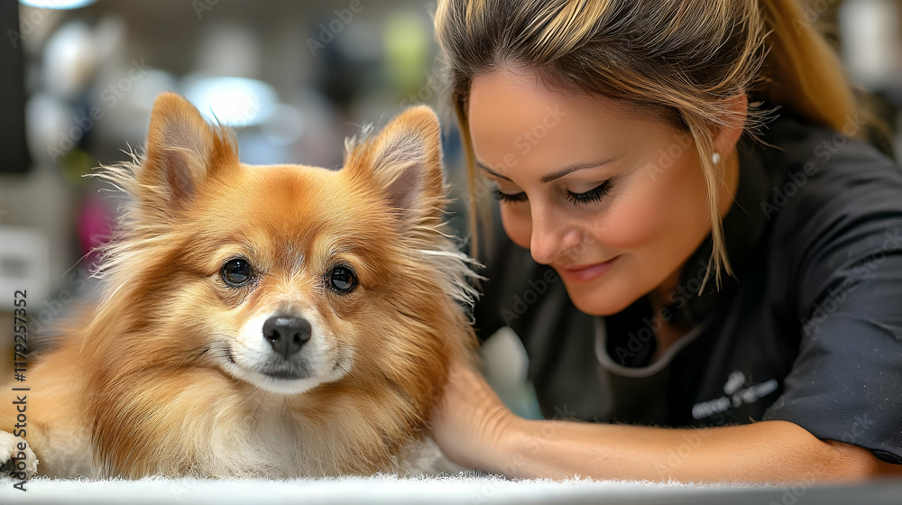 A groomer gently comforts a small, fluffy dog during a grooming session. Salon care, pet pampering.