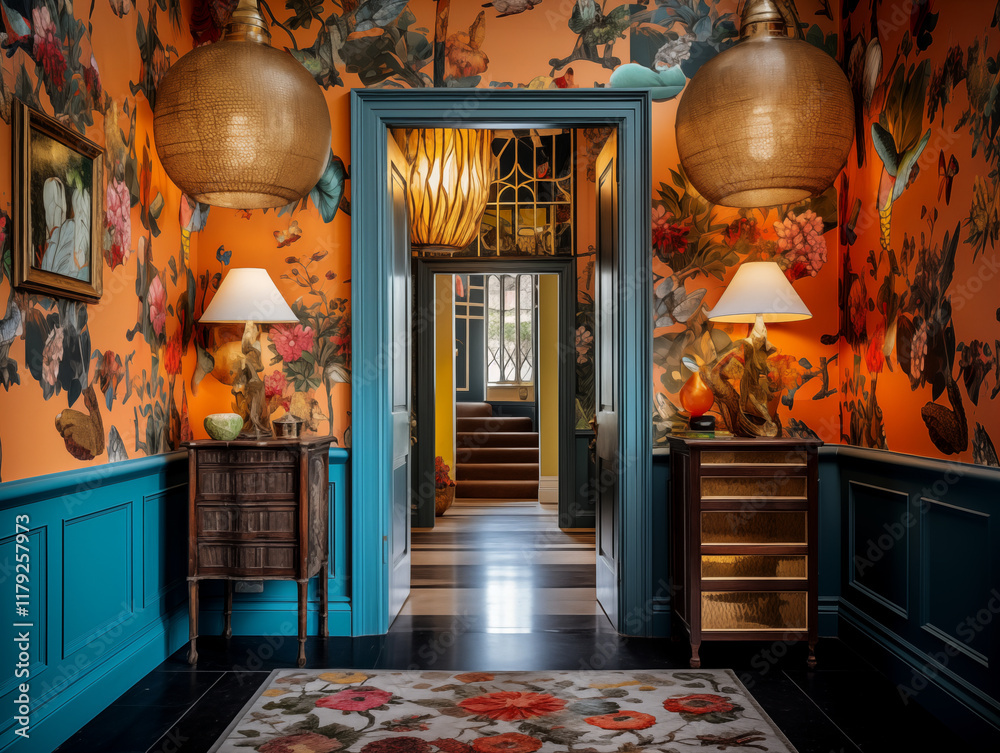 Maximalist bold and colorful hallway with colorful ornate wallpaper, statement lighting and teal wall panels