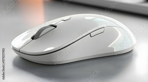 A Sleek White Wireless Mouse Sits on a Gray Desk, Ready for Use photo