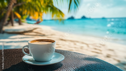 Fototapeta Naklejka Na Ścianę i Meble -  luxury a cup of coffee on the table with the Maldives beach in background.
