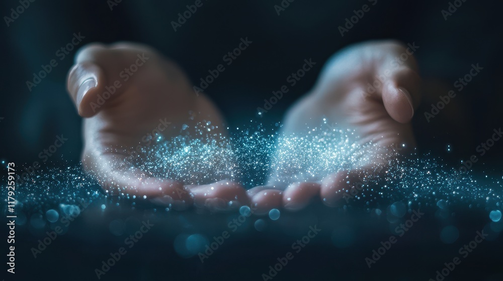 Fototapeta premium Hands Releasing Sparkling Blue Particles in Air