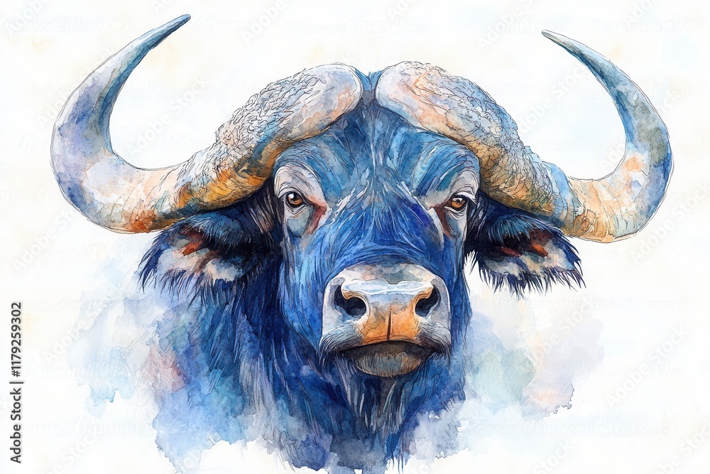 A watercolor illustration of a buffalo with prominent horns and a detailed expression. A watercolor illustration of a buffalo with prominent horns and a detailed expression.