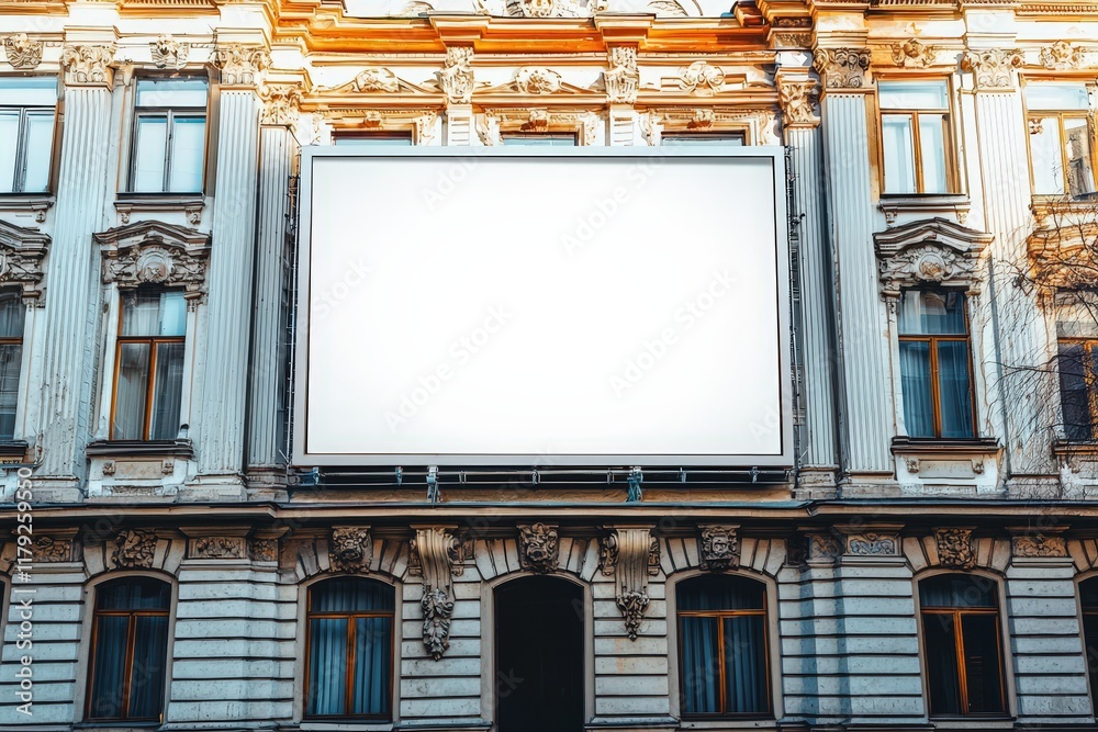 Blank advertising billboard in front of a classic building facade for mockups and marketing Blank advertising billboard in front of a classic building facade for mockups and marketing