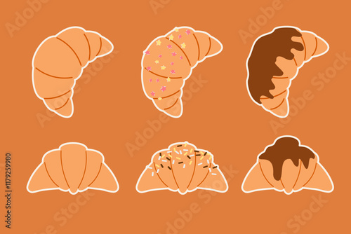 Stickers of different delicious croissants, pastries, French cuisine