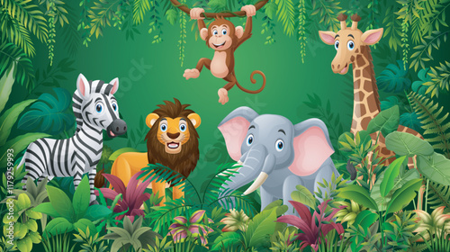 Cartoon wild animals in the forest background
