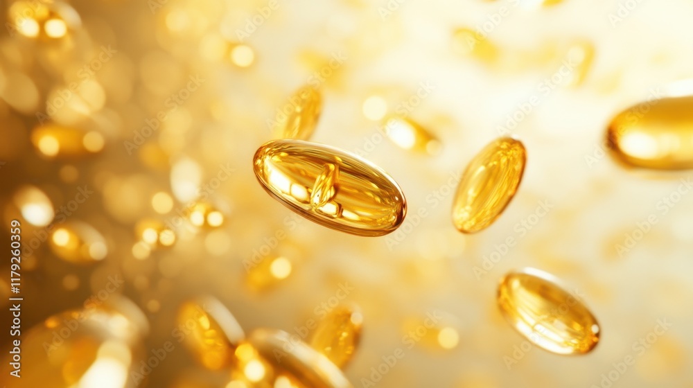 Golden Capsules Floating in Amber Light Health Supplement Concept. Golden Capsules Floating in Amber Light Health Supplement Concept.