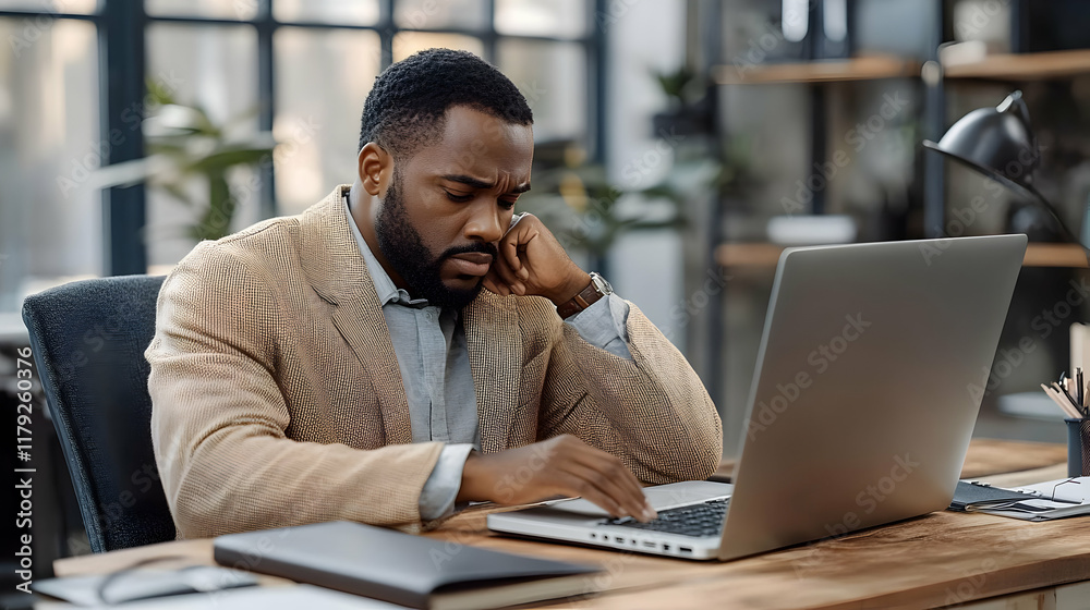 Focused Businessman Works on Laptop in Modern Office Setting Efficiently. Focused Businessman Works on Laptop in Modern Office Setting Efficiently.