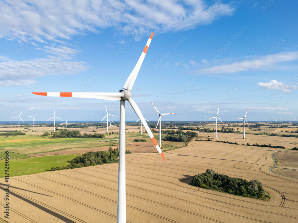 Wind turbines renewable energy power aerial view photo at the Baltic Sea near Heiligenhafen, Germany