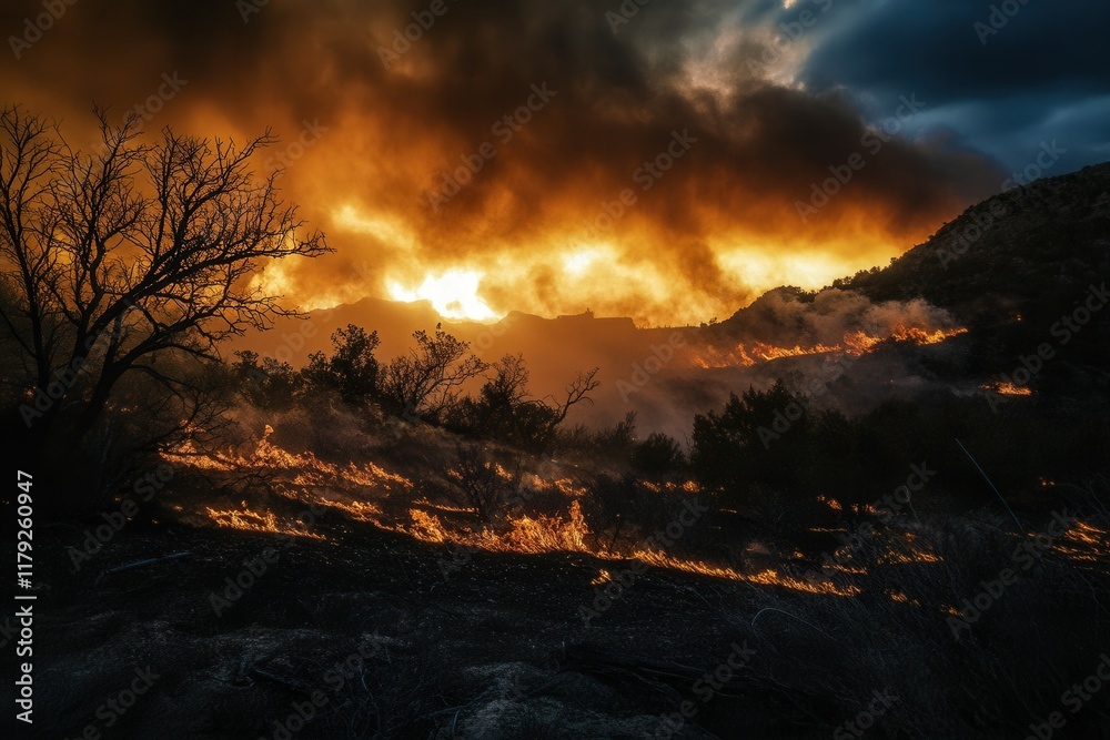 Naklejka premium Intense wildfire blaze engulfs forest with thick smoke and dramatic flames.
