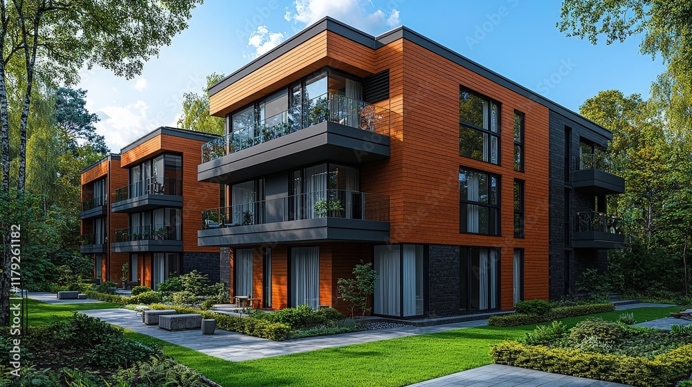 New modern block of flats in green area residential apartment with flat buildings exterior New modern block of flats in green area residential apartment with flat buildings exterior