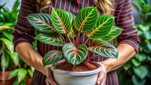 Beautiful Prayer Plant Maranta leuconeura var. erythroneura in Pot, Showcasing Green Leaves and Red Veins, Held by a Caucasian Hand in a Bright, Natural Setting for Fashion Photography photo