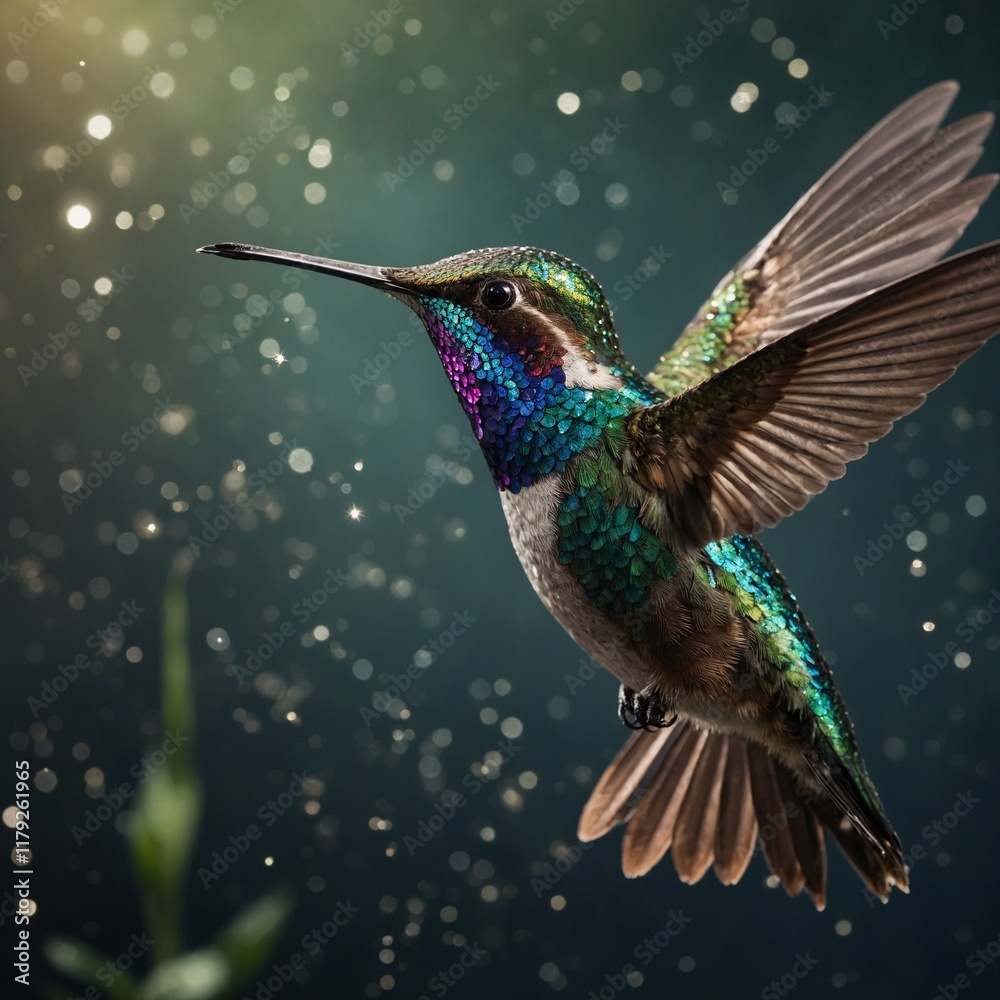 Obraz premium A mythical hummingbird with jewel-encrusted feathers and a trail of sparkling dust.
