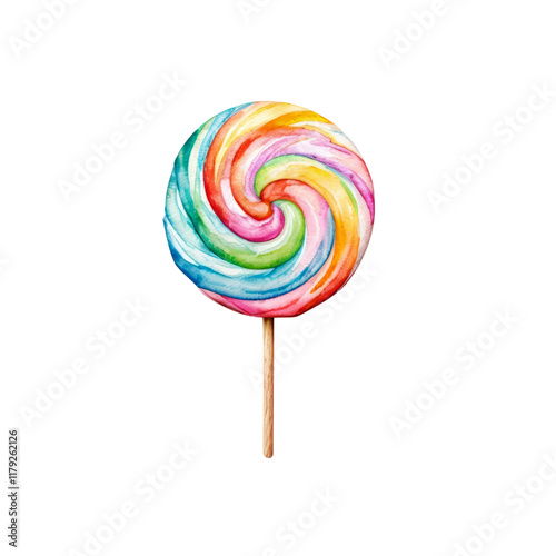 Rainbow Swirl Lollipop: A vibrant watercolor illustration of a round lollipop with a colorful, swirling design. Perfect for adding a touch of sweetness to your projects. 