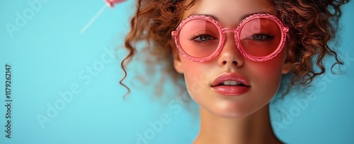 a girl wearing pink sunglasses

