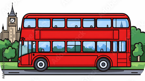 Red Double-Decker Bus Drives Past Landmark Clock Tower in Cityscape Illustration