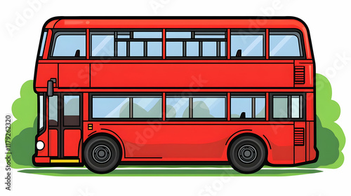 Red Double-Decker Bus Illustration Stands on Green Grass with Large Windows