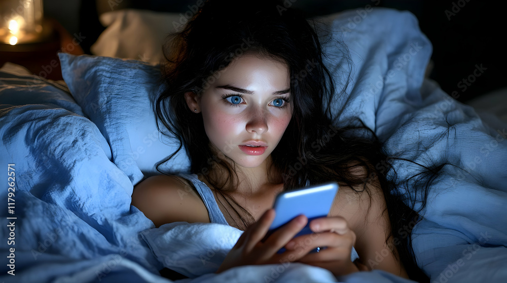 Young Woman Lies in Bed at Night, Surprised by Something on Her Smartphone, Deep in Thought Young Woman Lies in Bed at Night, Surprised by Something on Her Smartphone, Deep in Thought