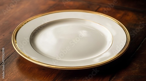 Fine dining plate with delicate gold band trim, pure ivory ceramic, graceful concave shape, placed on rich mahogany slat table, moody restaurant ambiance, professional tableware photography, shallow photo