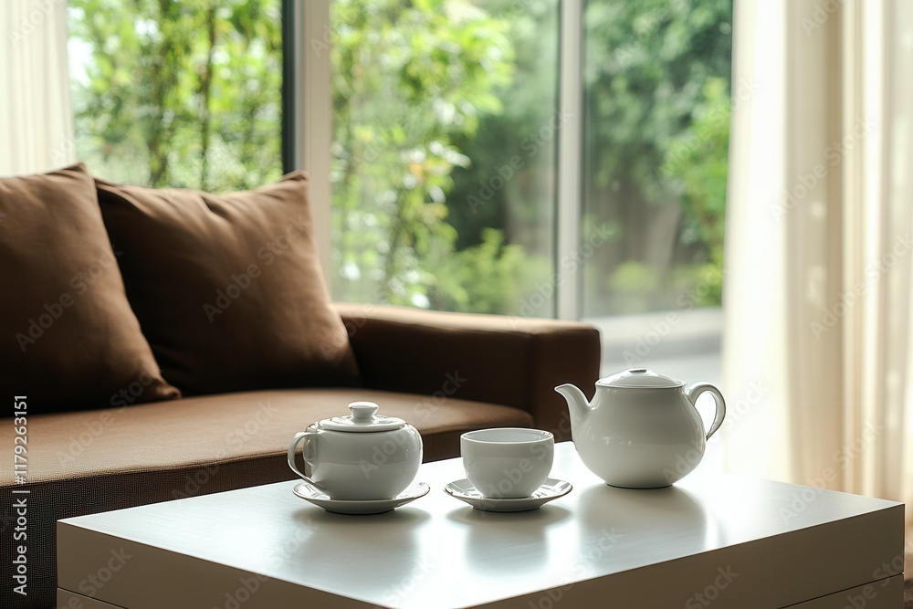 Serene living room with white teapots and cup on table by large window. Serene living room with white teapots and cup on table by large window.