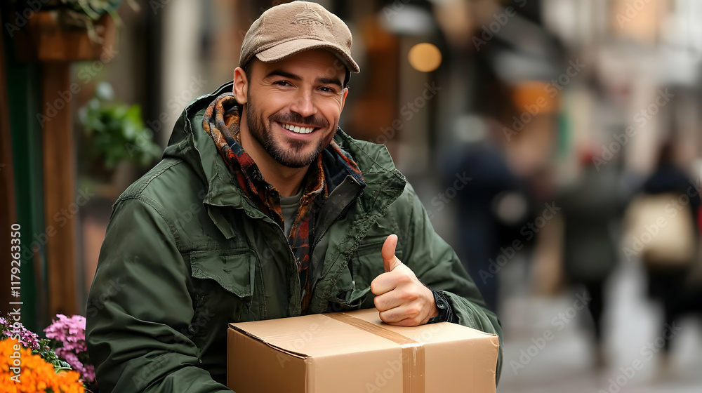 Delivery Man Holds Package and Gives Thumbs Up in City Delivery Man Holds Package and Gives Thumbs Up in City