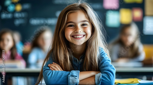 Smiling Girl Sits at Desk in Classroom with Arms Crossed, Ready to Learn Confidently and Happily.