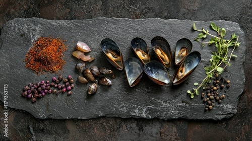 Raw mussels glistening on a slate stone, paired with a variety of spices, herbs, and textures on a dark background. photo