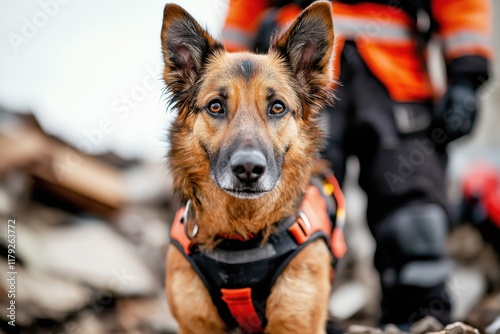 Rescue dog assists handler in rubble search and rescue operation after disaster event photo