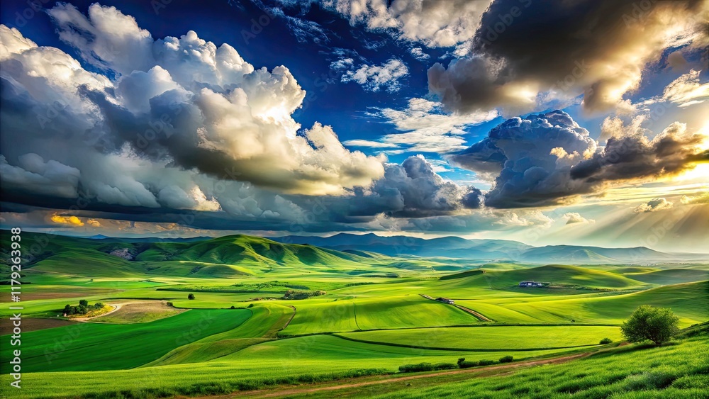Obraz premium Breathtaking Panorama Landscape of Green Fields Under Dramatic Clouds in Tovuz, Azerbaijan - Ideal for Nature and Travel Photography