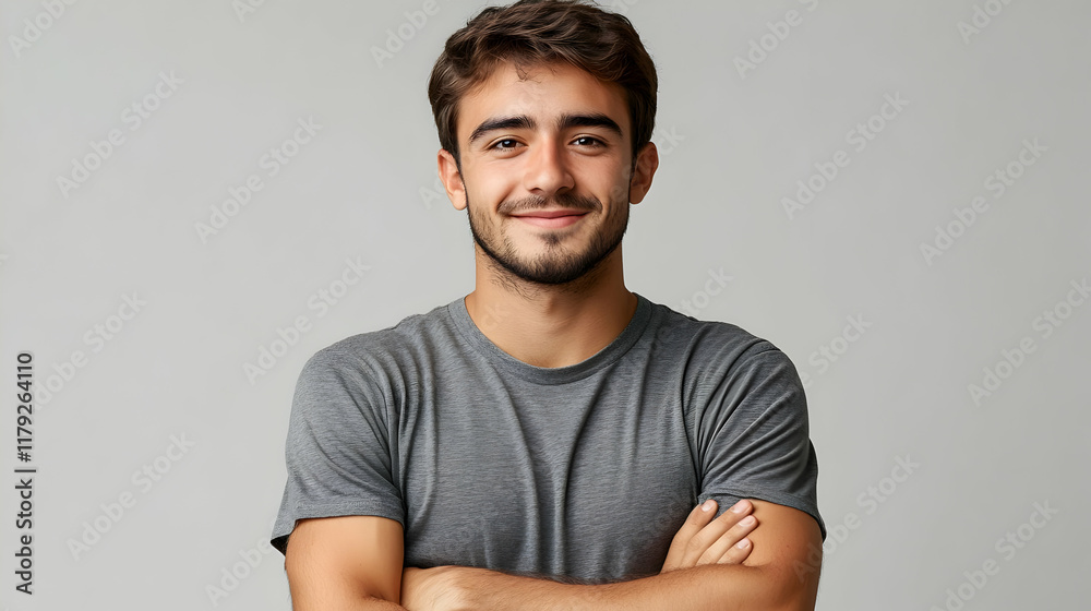 Portrait of a Young Man Smiling with Folded Arms Against a Gray Backdrop Portrait of a Young Man Smiling with Folded Arms Against a Gray Backdrop
