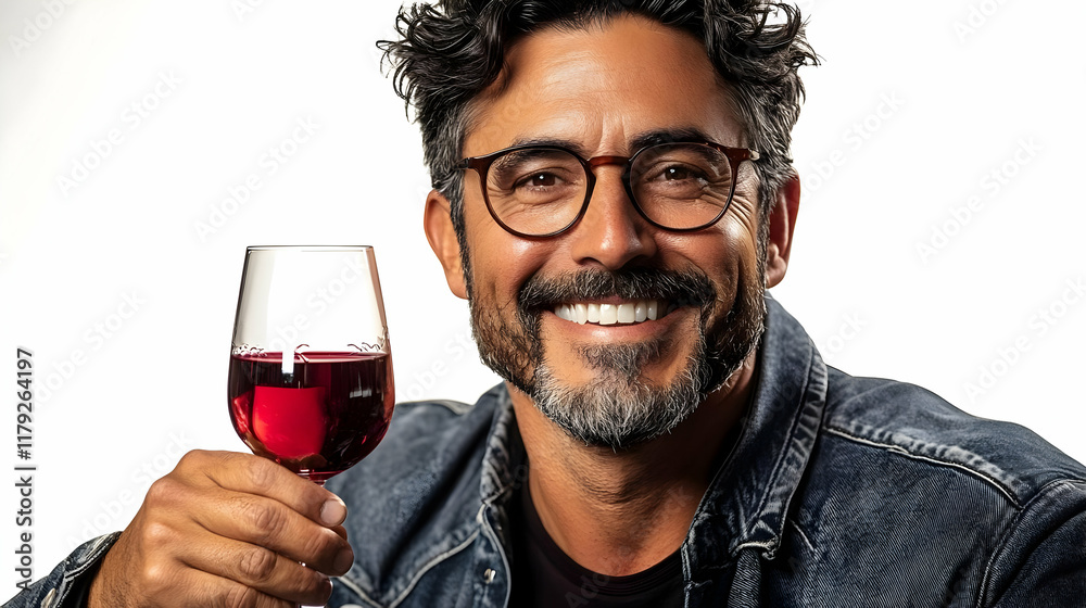 Smiling Man Holds Glass of Red Wine, Posing Cheerfully on White Background Smiling Man Holds Glass of Red Wine, Posing Cheerfully on White Background