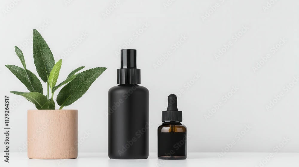 Minimalist skincare set with black bottles and potted plant on white background. Minimalist skincare set with black bottles and potted plant on white background.