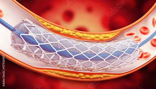 Cholesterol blocked artery. The accumulation of cholesterol in the blood vessels. Stent angioplasty. 3d illustration