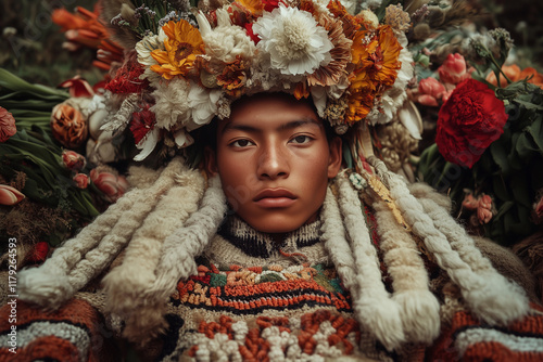 A man wearing a colorful headdress and a white jacket. Nonbinary person adorned in traditional andean cloth photo