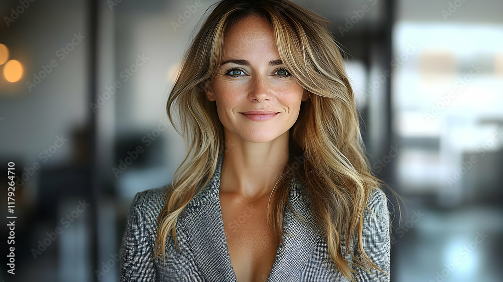 Portrait of a Confident Woman Smiling Gently in a Blurred Indoor Setting