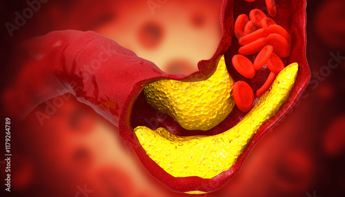 Cholesterol blocked artery. The accumulation of cholesterol in the blood vessels. Stent angioplasty. 3d illustration